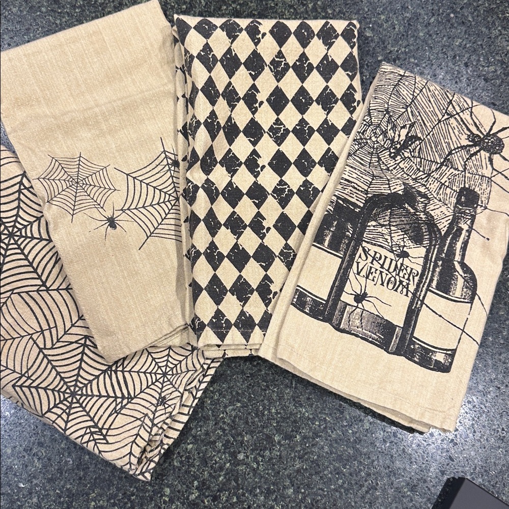 Halloween Themed Tan and Black Kitchen Towels set of 4 spider web venom decor